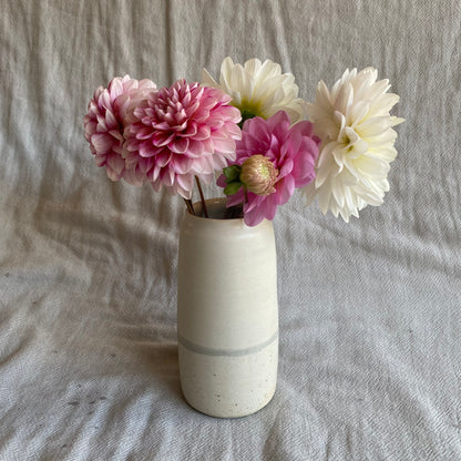 matte white vase with speckle and blue